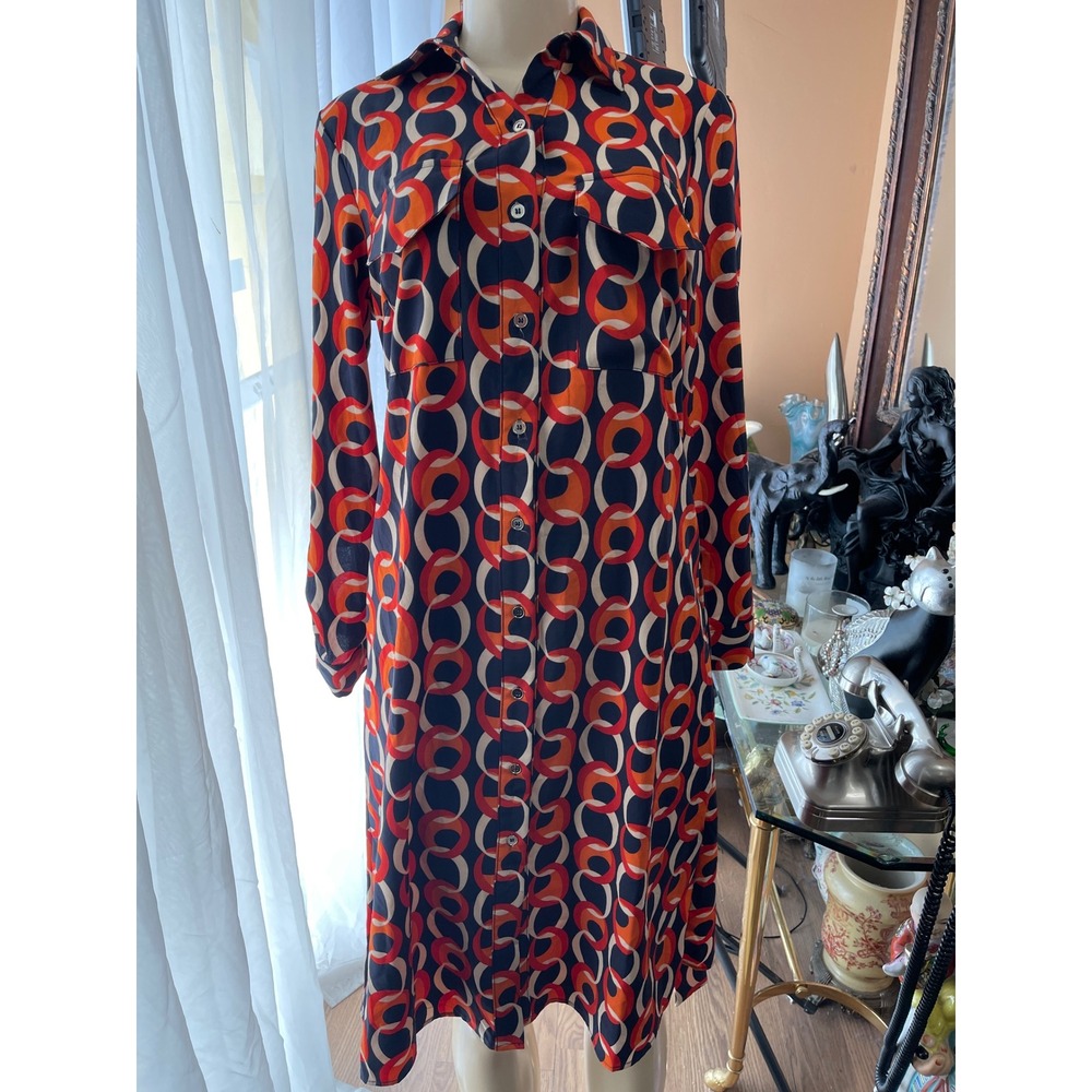 NY Collection Geometric Circle Print Button Down Shirt Dress Orange Navy Small